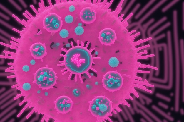 Une image rose et bleue d'un virus avec le mot virus dessus