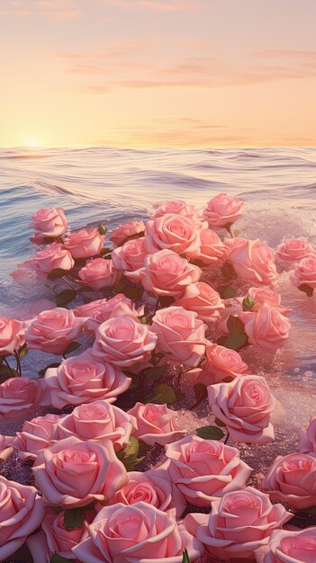 une image de roses roses avec le soleil qui se couche derrière elles