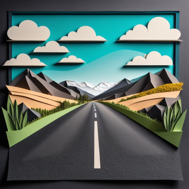 Photo une image d'une route avec une image de montagnes et de nuages.