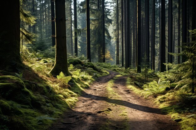 une image d'une route de terre au milieu d'une forêt