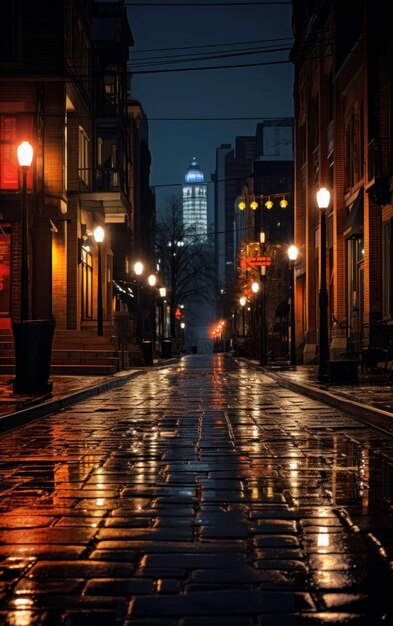 Une image d'une rue calme de la ville la nuit