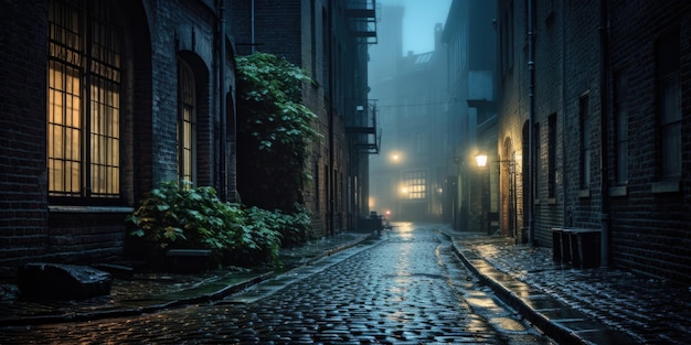 Une image d'une ruelle arrière avec de vieilles maisons de la ville pendant une nuit de pluie créant un étrange et vide