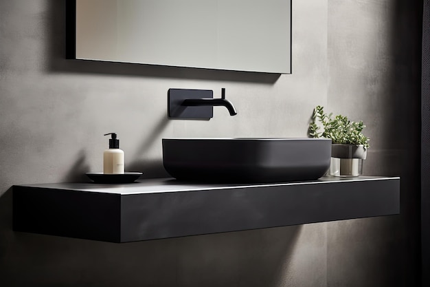 Image de salle de bain avec un évier noir élégant avec une finition mate et un robinet monté sur le mur au-dessus