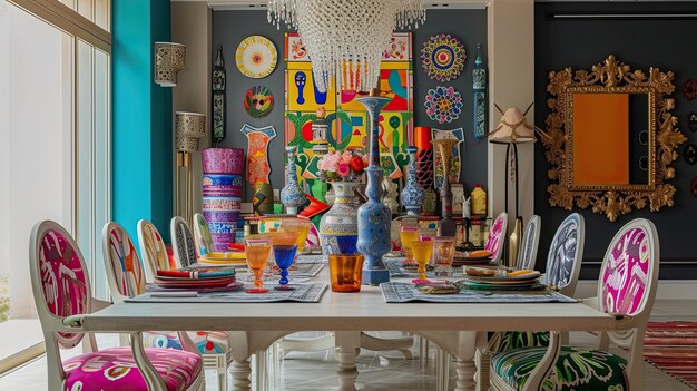 Image d'une salle à manger table chaises assiettes pompe maximalisme peintures lustre fenêtre panoramique tapis rembourrage vase verre Manger avec toute la famille concept génératif par AI