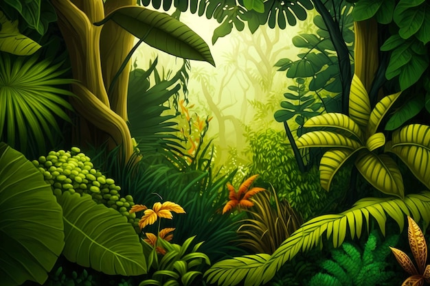 Une image d'une scène de jungle avec beaucoup de plantes Generative AI