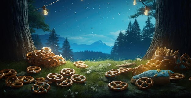 une image d'une scène de Noël avec un tas de biscuits et une étoile sur le dessus