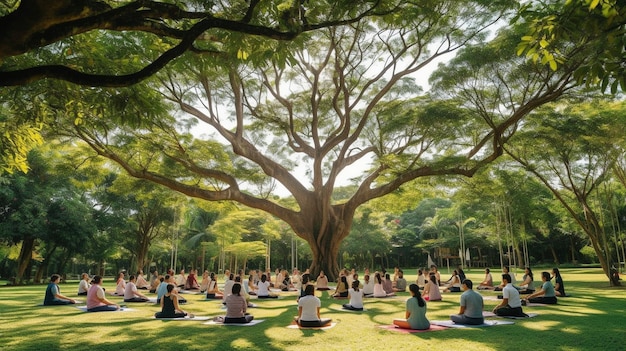 Une image d'une séance de yoga en groupe dans un parc verdoyant capturant l'unité et l'harmonie créées par pr