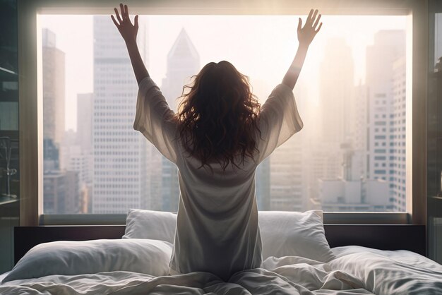 Image sereine d'une femme se réveille un matin ensoleillé avec les mains levées en l'air