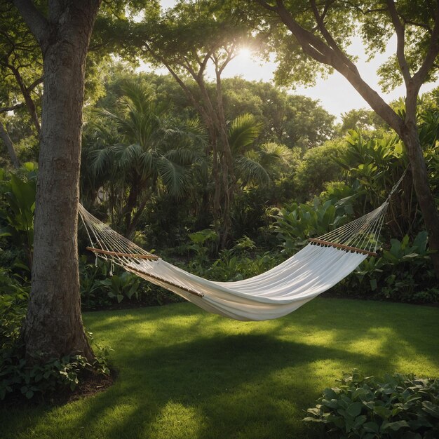 Une image sereine d'un hamac étendu entre deux arbres dans un jardin luxuriant avec un tissu blanc doux