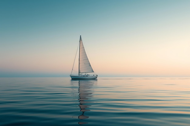 L'image sereine d'un voilier minimaliste sur des eaux calmes pendant un doux coucher de soleil