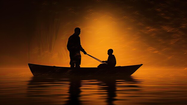 Image de silhouette floue et bruyante du père et du fils sur un bateau en bois