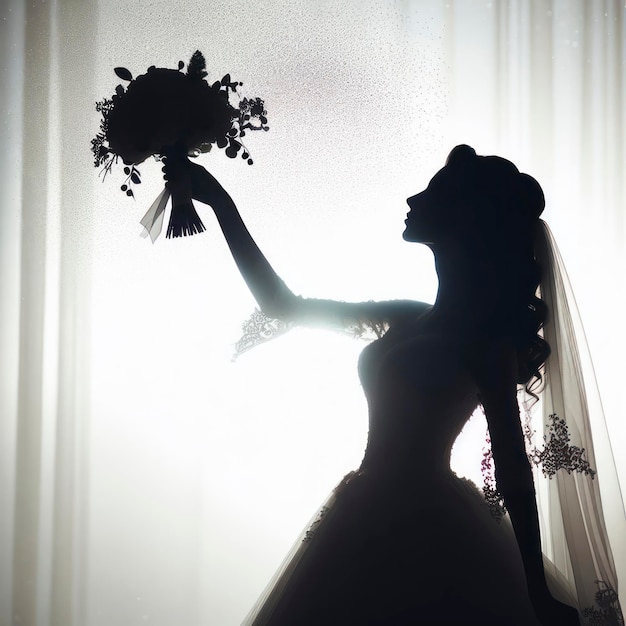 l'image de la silhouette de la mariée jetant un bouquet sur fond blanc