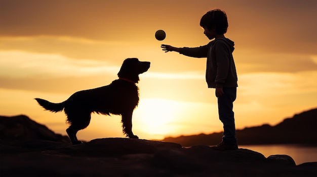 Photo image silhouette sombre d'un garçon jouant à chercher avec un chien