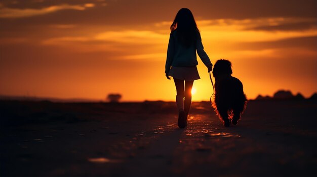 image silhouette sombre d'une jeune fille marchant avec un chien