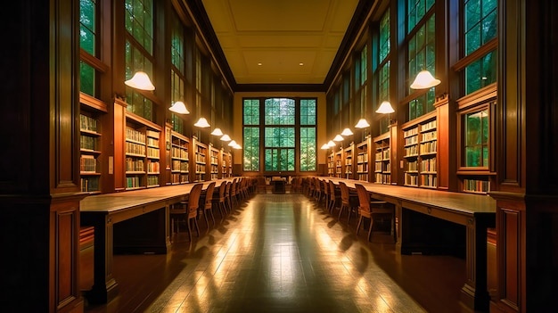 Une image de soirée paisible et invitante d'une bibliothèque universitaire vide avec une palette de couleurs harmonieuse et un éclairage doux