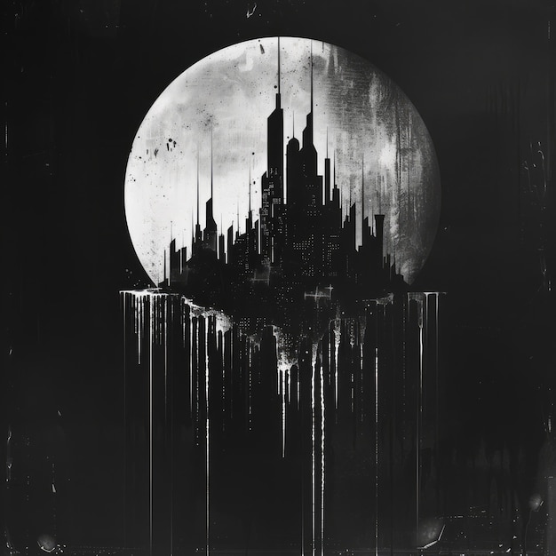 Une image sombre et étrange monochrome d'un paysage urbain pendant une pleine lune la ville est en ruines ou en décomposition et les bâtiments sont inégales et cassés grande pleine lune