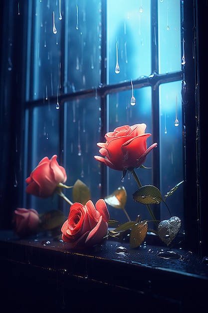 image sombre de roses sur la fenêtre avec la pluie dans le style de max rive cyril rolando vray traçage