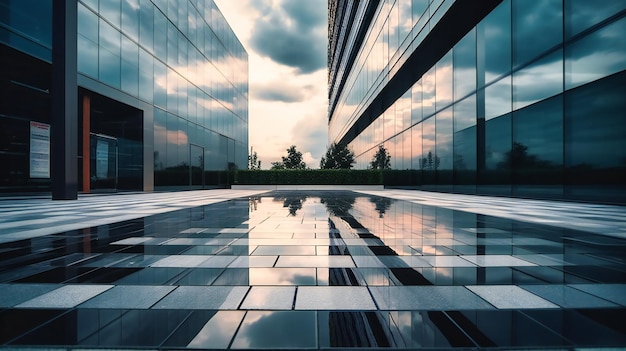 Une image sophistiquée d'un bâtiment moderne et élégant reflétant le ciel nuageux sur un trottoir vide