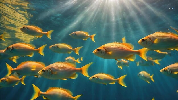 Une image sous-marine étonnante de poissons nageants et de rayons de soleil brillants à travers la surface de l'eau