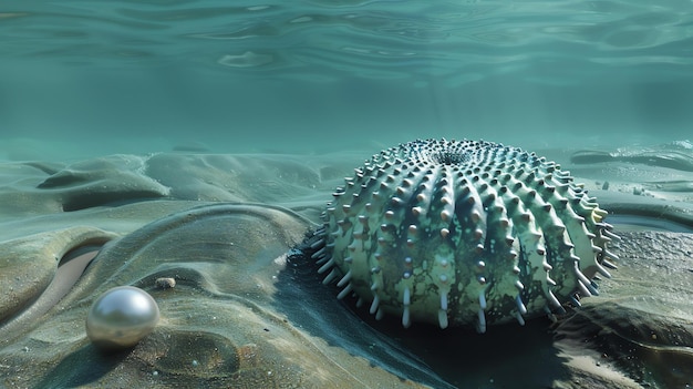 Image sous-marine d'un oursin vert avec de longues épines sur le fond de l'océan à côté d'une perle blanche