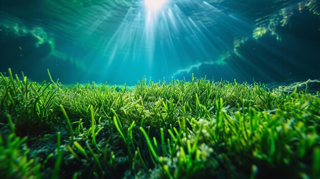 Une image sous-marine d'une parcelle d'herbe marine verte sur le sol AI générative