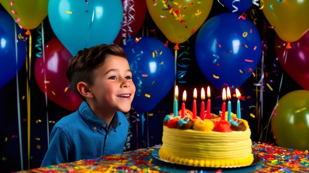 Une image spéciale d'un célébrant d'anniversaire soufflant des bougies sur un gâteau entouré de ballons et de confettis