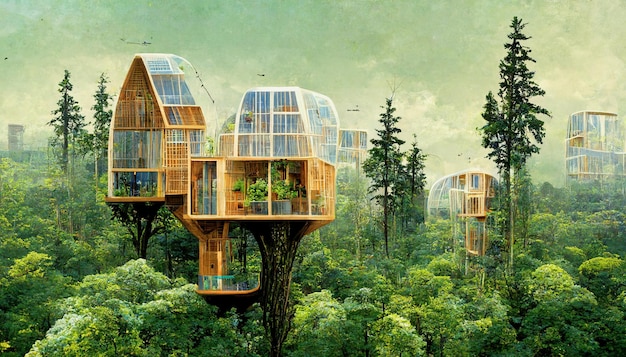 Image spectaculaire d'une cabane dans les arbres durable Art numérique Illustration 3D