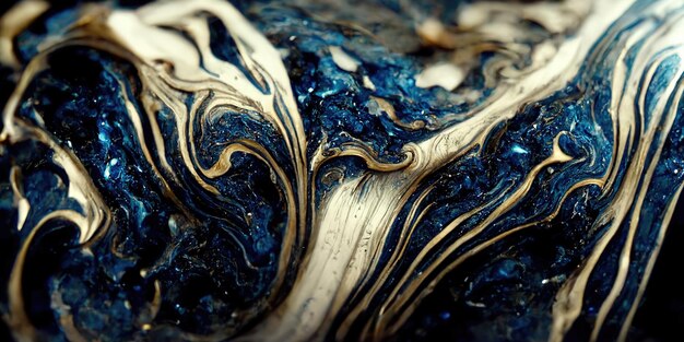 Image spectaculaire d'encre liquide bleu foncé et blanche mélangée à une texture réaliste et une grande qualité pour un concept abstrait Illustration 3D d'art numérique