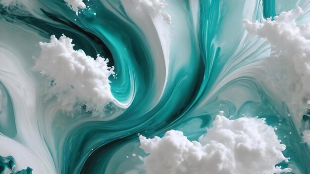 Une image spectaculaire d'encre liquide bleu turquoise et blanche se mélangeant avec une texture réaliste et une grande