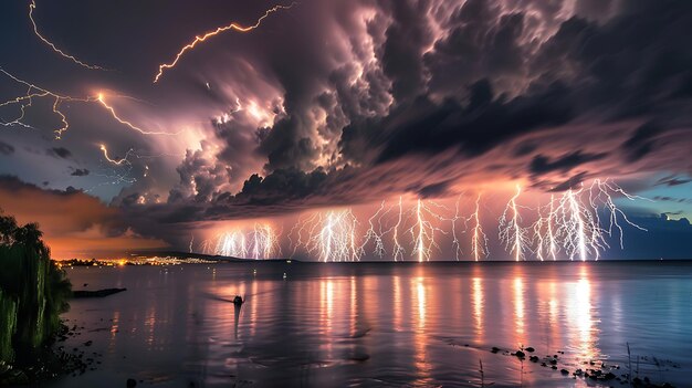 Photo une image spectaculaire et impressionnante d'une tempête de foudre au-dessus d'un lac. les nuages sombres et les éclairs brillants créent un sentiment de puissance et de danger.