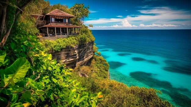 Une image spectaculaire d'une villa tropicale de luxe avec des vues panoramiques impressionnantes sur l'océan dégageant opulence et tranquillité