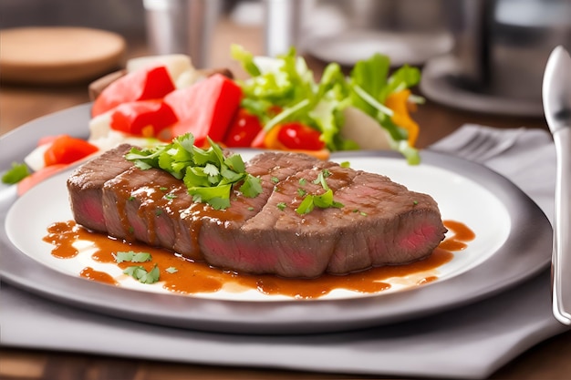 L'image d'un steak de bœuf sur la table semble délicieuse et tentante générée par l'IA