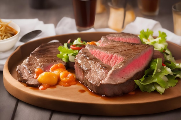 L'image d'un steak de bœuf sur la table semble délicieuse et tentante générée par l'IA