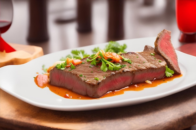 L'image d'un steak de bœuf sur la table semble délicieuse et tentante générée par l'IA