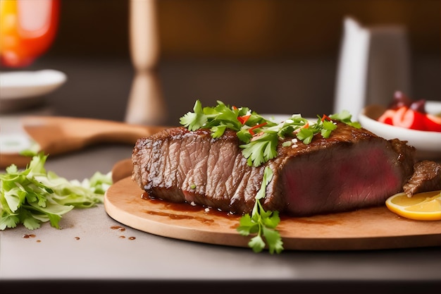 L'image d'un steak de bœuf sur la table semble délicieuse et tentante générée par l'IA