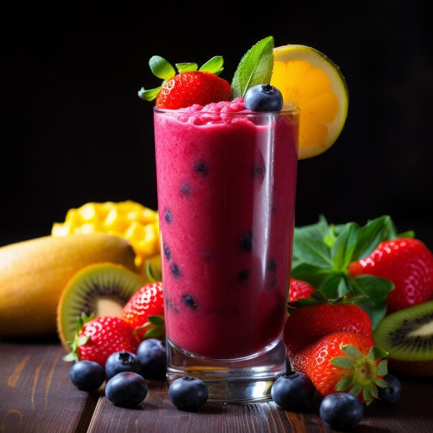 Image de stock d'un smoothie de fruits colorés dans un verre avec des fruits frais garnir une boisson saine et rafraîchissante IA générative