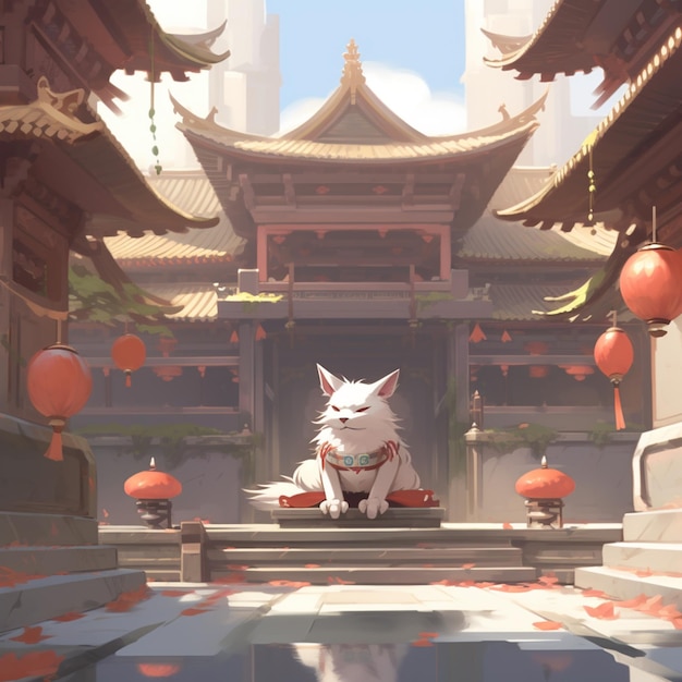 Image de style anime d'un chat assis sur une plate-forme dans un temple chinois ai génératif