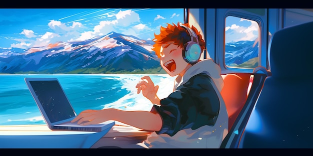 image de style anime d'une femme assise dans un train avec un ordinateur portable