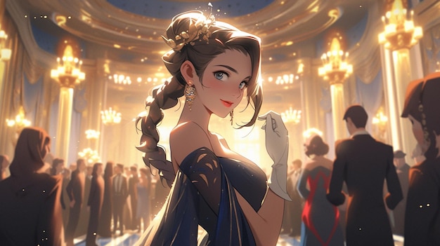 image de style anime d'une femme dans une robe bleue dans une salle de bal