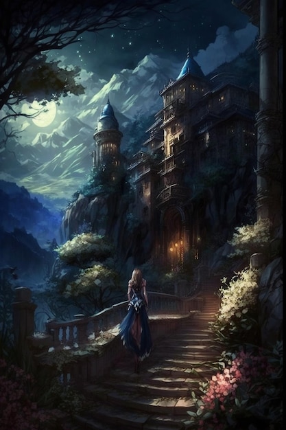 Image de style anime d'une femme en robe longue marchant dans les escaliers ai générative