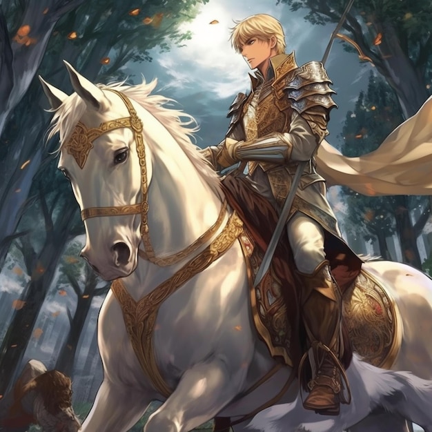 image de style anime d'un homme à cheval dans une forêt générative ai