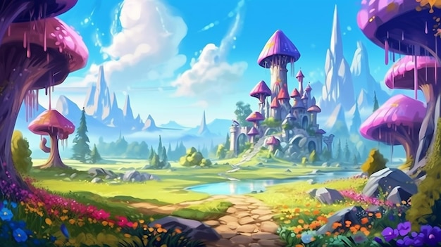 Une image de style dessin animé d'un château fantastique entouré d'arbres générative ai