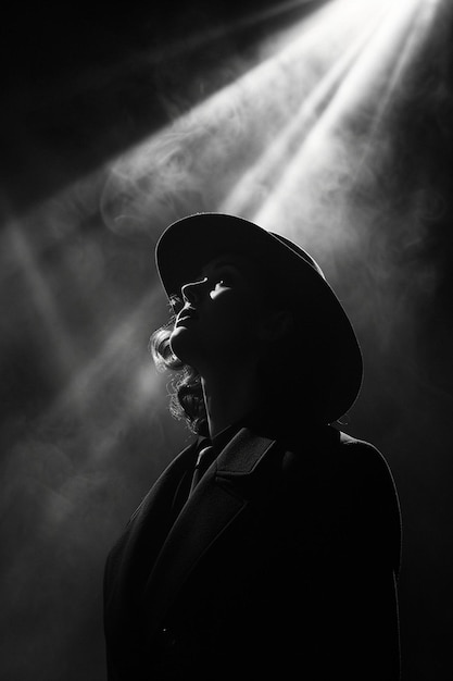 Photo une image de style noir cinématographique d'une détective dans un décor des années 1940