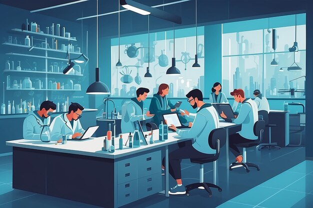 une image de style plat d'étudiants participant à un hackathon scientifique dans l'illustration vectorielle de laboratoire en style plat