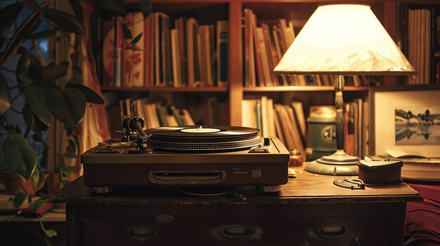 Image de style rétro d'un lecteur de disques assis sur une table en bois avec une lampe et des livres en arrière-plan