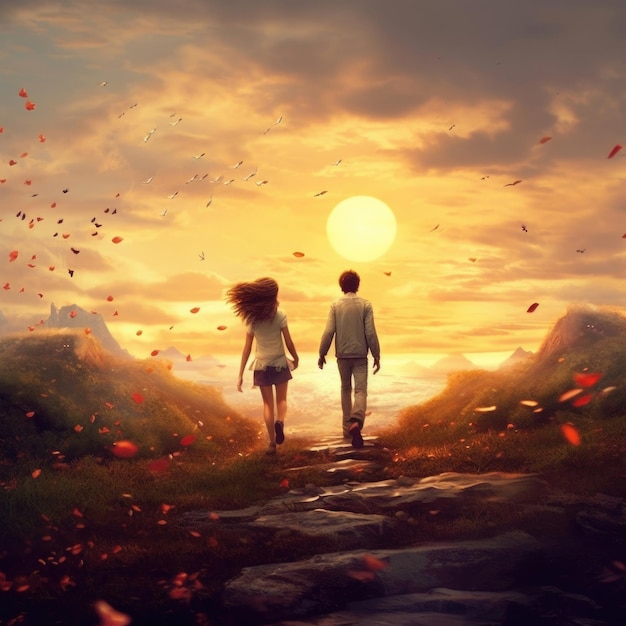 image stylisée d'un jeune homme et d'une jeune femme marchant à travers une prairie avec des fleurs se tenant par la main en été