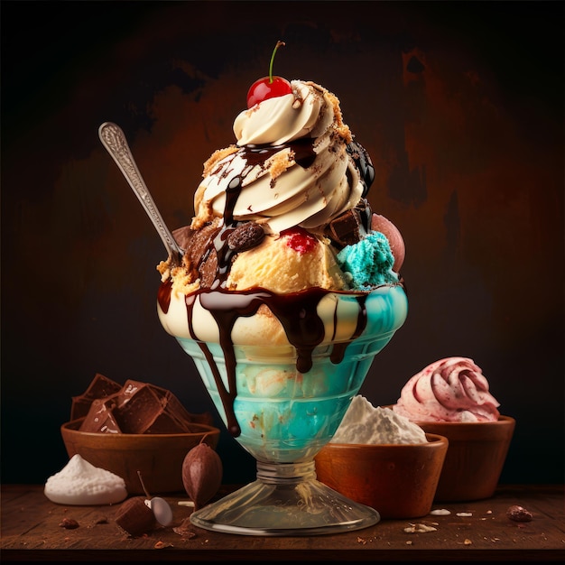 Une image d'un sundae de crème glacée avec du chocolat et des cerises Generative AI