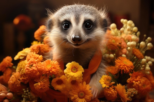 Image de suricate avec des fleurs colorées