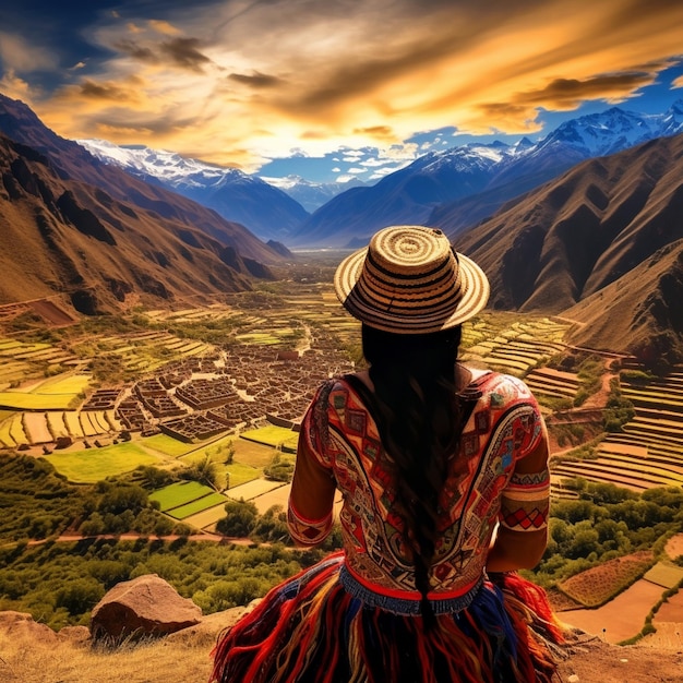 Une image surréaliste et vibrante de l'enchantante vallée sacrée et des majestueuses montagnes qui entourent Cusco