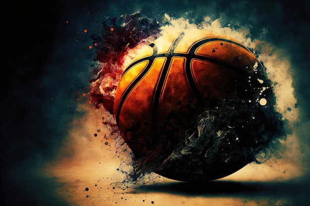 Image symbolique du basket-ball entouré de fumée de feu et d'étincelles ai génératives